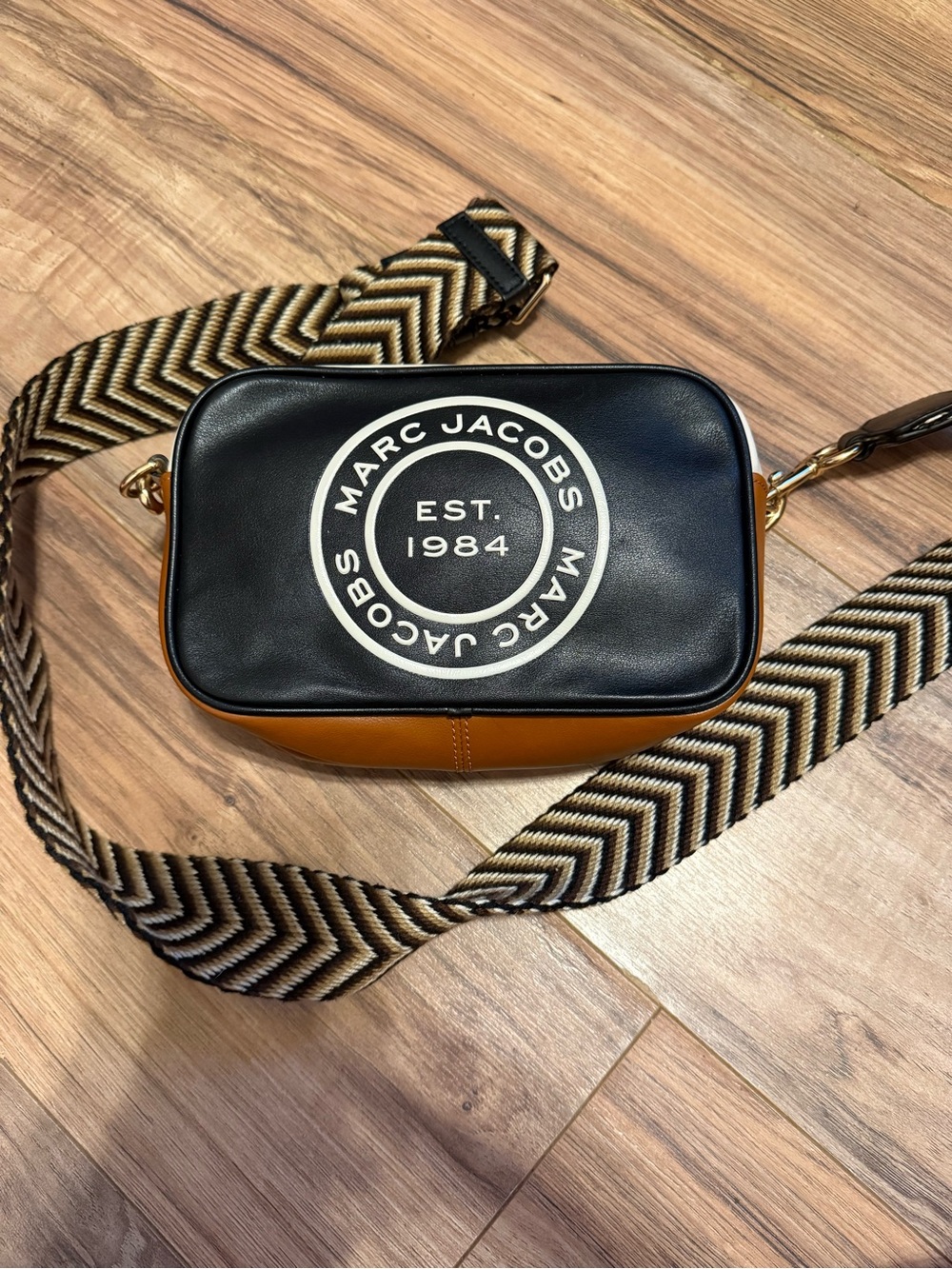 Marc Jacobs Black & Tan Camera Crossbody with Chevron Strap